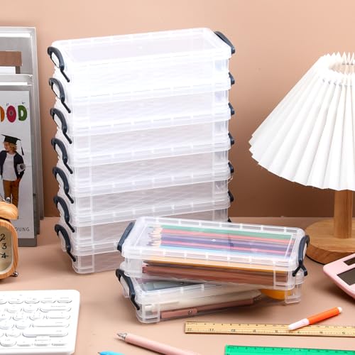 Image of Gueevin 12 Pcs Large Capacity Plastic Pencil Box Clear Plastic Pencil Case Crayon Box with Snap Tight Lid Watercolor Pen Storage Brush Organizer Drawing Tools Container (Grey)