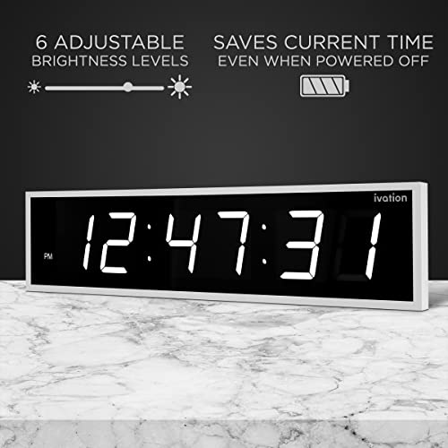 Image of Ivation 72 Inch Large LED Digital Clock with Stopwatch, Alarms, Countdown Timer and Temperature Timer, White, 6 Brightness Levels, Mounting Holes and Tools