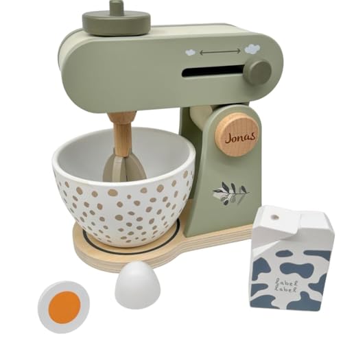 Personnalisable Robot de Cuisine en Bois Vert Olive – avec Fonction mixeur & Bol mélangeur & favorise la créativité – pour Enfants à partir de 3 Ans – personnalisé avec Le prénom – Label Label