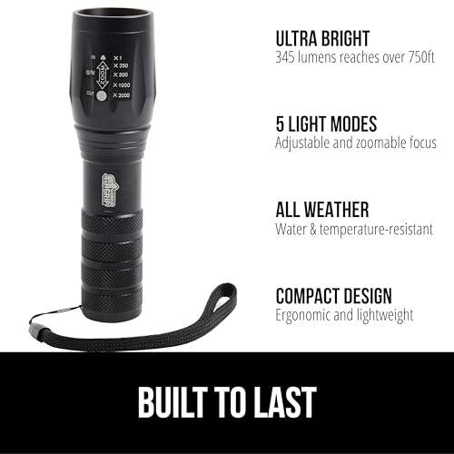 GORILLA GRIP Powerful LED Tactical Flashlight, 750 FT High Lumens 5 Adjustable Modes, Water Resistant, Ultra Bright Zoom Flashlights, Small Mini Flash Light, Camping, Night Dog Walking, Black