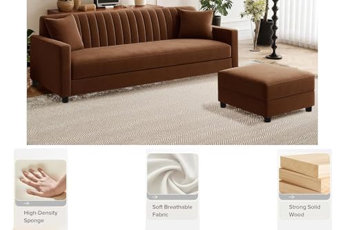Image of Three Seater Wooden Sofa Set with Ottoman, Soft Velvet Fabric, Stylish Compact Design for Living Room, Office, Guest Room Seating - Brown Finish