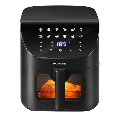 KOMORE Digital Air Fryer with Visual Window 8L, 1700W, 12 in 1 Compact Airfryers with Touchscreen, RapidAir Technology for Extra Crisp, 60mins Timing, Nonstick & Dishwasher Safe, Oil-Free, Black