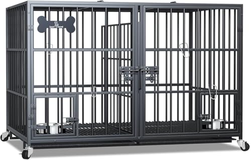 Hundekäfig, Hundebox mit Bodenschale, Hundekäfig mit Trennwand, Hundegitterbox mit 2 Türen und Tablett, 2 in 1 Doppelbox Hundegitterbox für Große und mittlere Hunde, 120 x 73 x 68 cm, Schwarz