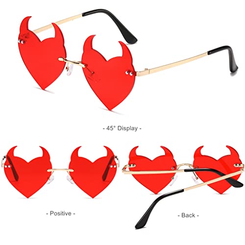 Bawuyi Devil Horns Heart Sunglasses Fire Flame Shape Glasses Party Prom Halloween Costume Accessories For Women And Men (Red Horns Heart) #TOP4