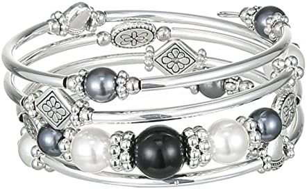FULU AUTUMN Silver Beaded Bangle Bracelet for Women Handmade Boho Stacking Wrap Bracelet with Crystal Beads Costume Fashion Jewellery Gifts