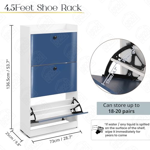 Image of ABOUT SPACE Shoe Rack for Home - 4.5ft 3 Tier Tilt Out Door Semi-UV Gloss Laminate DIY Engineered Wood Shoe Cabinet - Anti-tip Protection Removable Adjustable Panels for 18-20 Pairs - Blue & White