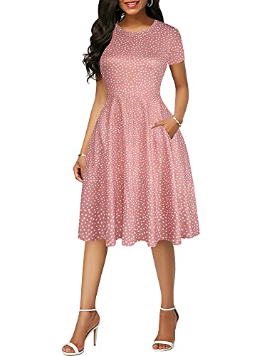 Image of oxiuly Women Casual Dress Round Neck Soft Cotton Floral A-Line Midi Summer Dresses with Pockets OX262