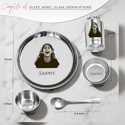 Image of SAVRI Personalized Stainless Steel Dinner Set for Kids - Custom Laser Photo Printed Plate, Bowl, Glass & Spoon with Name & Cartoon Design | 5-Piece Kids Meal Set | Birthday, Return & Daily Gift