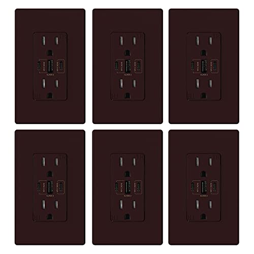 Image of ELEGRP USB Outlets, 30W 6.0 Amp USB C Outlets Receptacles, 3-Port USB Wall Outlet, 15 Amp Tamper-Resistant Outlet with 2 USB C Ports, UL Listed, Screwless Wall Plate Included, 6 Pack, Matte Brown