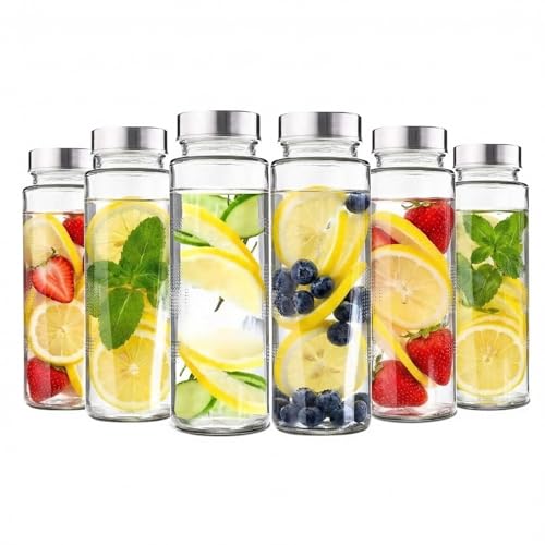 JEXE Glass Water Bottle 500ml | Set of 6 | Premium Borosilicate Glass Bottle | Leak Proof Stainless Steel Lid | BPA Free Reusable Bottle - Fridge Office Gym Juice Smoothie Storage Use