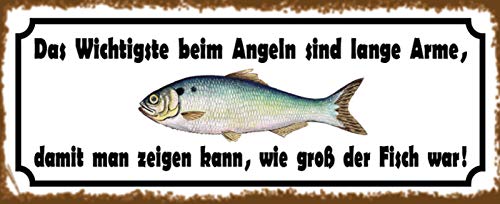 AGDeko® Blechschild 27x10 cm Das Wichtigste beim Angeln sind lange
