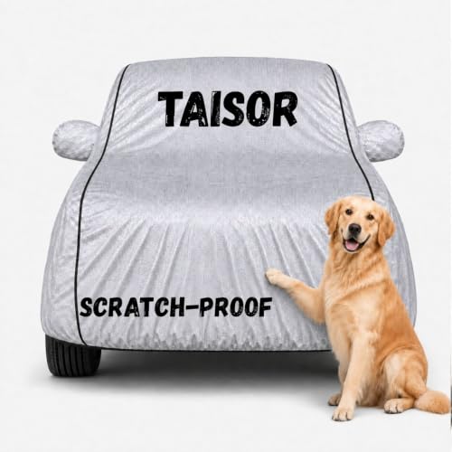 Image of Waterproof Car Cover for Taisor | Soft Cotton Lining Heavy Duty Triple Stitched Heat Resistant Outdoor Cover Comes with Mirror and Antenna Pocket Full Bottom Elastic (Zig Zag Silver)