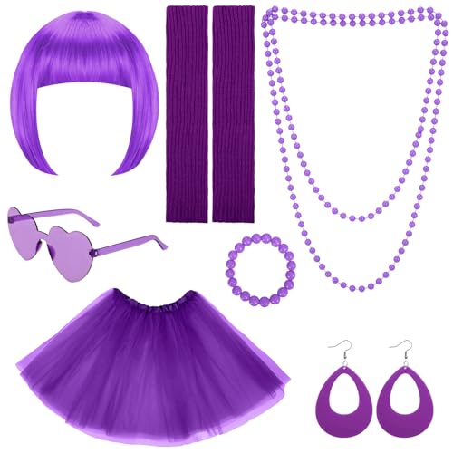 ZhouBoat 7Pcs Colorful Short Bob Wigs Set with Party Neon Wigs Tutu Skirt Glasses Leg Sleeves 80s Accessories for Bachelorette Party Costume (Purple)