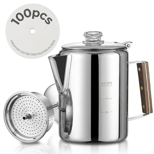 shoxil Perkolator Kaffeekanne Edelstahl Kaffee Perkolator Induktion mit 100 Kaffeefiltern 9 Tassen langlebiges Edelstahlmaterial Campingkaffeekanne