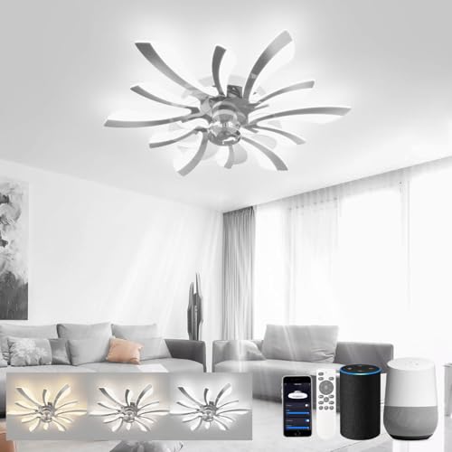 LJX Lampara Ventilador 78cm Ventilador de Techo con Luz LED Compatible con Alexa y Google Assistant Temporizador Silencioso Reversible 6 Velocidades para Dormitorio Salón, Cromo