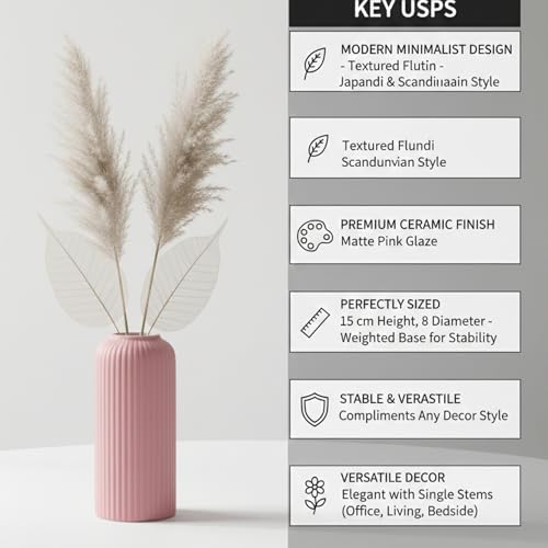 Image of KREATIVE ART'S Modern Ribbed Design Ceramic Flower Vase for Living Room, Flower Pots for Artificial Flower, Home Decoration Item, Home Decor, Vases for Living Room (Pink, Small)