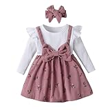 Baby-Mädchenkleidung Kleid mit Langen Rüschenärmeln, Outfits mit Schleife und Hosenträgern, Rock in Rosa 12-18 Monate