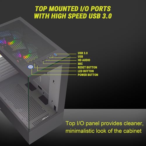 Image of Ant Value Tempered Glass CV100 Mid-Tower Computer Case /Gaming Cabinet A- Black | Support ATX, M-ATX, ITX | Pre-Installed 2 Top & 1 Rear Rainbow Fans, 2 USB Ports