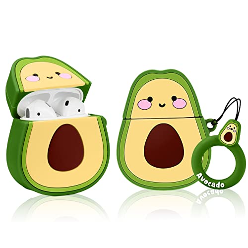 Coralogo Compatible with Airpods 1/2 Cute Case,Cartoon Character Silicone Fruit Airpod Designer Skin Kawaii Funny Fun Cool Keychain Design Cover Kids Teens Air pods Cases for Girls Boys(3D Avocado)