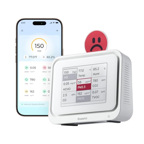 EaseAir Air Quality Monitor Indoor, Portable Tester for CO2, CO, PM2.5, PM10, HCHO, TVOC, Temp & Humi, E-Ink Display with 3-Color Emoji Indicators, WiFi App Control, Air Quality Meter for Home/Office