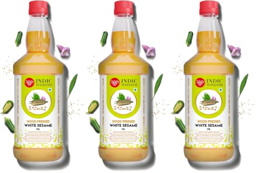 Image of IndicWisdom Wood Pressed White Sesame Oil 1 Liter (Cold Pressed White Sesame Oil - Extracted on Wooden Churner) (Pack of 3)