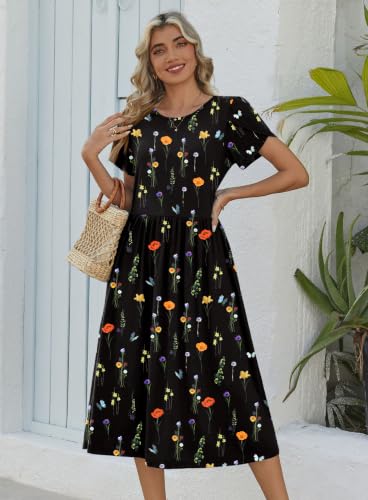Image of Zeagoo Womens Summer Dresses Casual Aline Midi Dress Short Sleeve Floral Tshirt Dress Flowy Beach Sundresses with Pockets