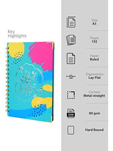 Doodle Undated Daily Planner I Weekly Planner I A5 I Hard Cover I Wiro I192 Ruled Pages I 80 GSM I Lay Flat Design I Metal Corners I Plan your day, To do List- Happy Day - Blue (Image - 2)
