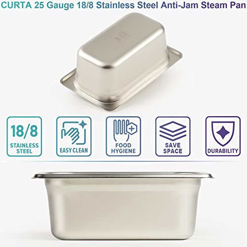 CURTA 6 Pack Anti-Jam Hotel Pans, 1/9 Size 2 1/2 Inch Deep, NSF Commercial 18/8 Stainless Steel Chafing Steam Table Pan, Catering Storage Metal Food Pan
