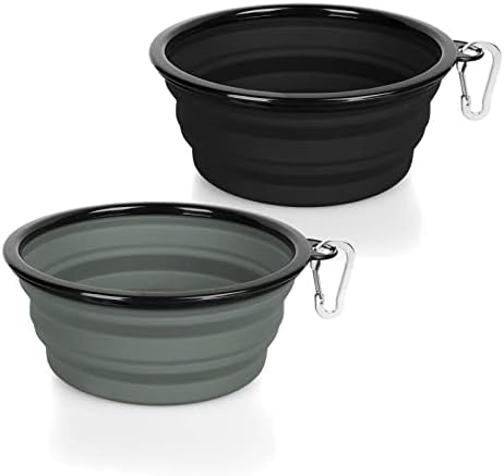 WINSEE Collapsible Dog Bowl, 2 Pack Small Collapsible Dog Water Bowls for Cats Dogs, Portable Pet Feeding Watering Dish for Walking Traveling with 2 Carabiners (15OZ, Black&Grey)