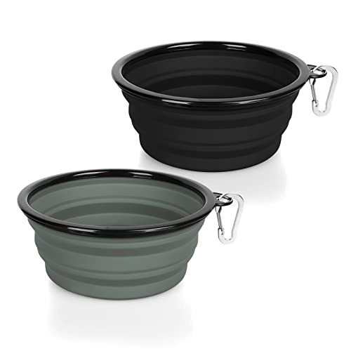 Winsee Collapsible Dog Bowl, 2 Pack Small Collapsible Dog Water Bowls For Cats Dogs, Portable Pet Feeding Watering Dish For Walking Traveling With 2 Carabiners (15Oz, Black&Grey) #TOP15