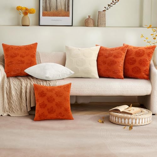 Image of decorUhome Decorative Rust Pumpkin Thanksgiving Throw Pillow Covers 18x18 Set of 2, Soft Chenille Jacquard Farmhouse Textured Pillow Covers for Couch Bed Sofa Autumn Harvest Halloween Holiday