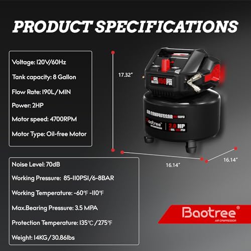 8 Gallon Portable Air Compressor, Max 150PSI Oil Free Air Compressor Tank, 2HP Motor 2.8SCFM@90 PSI,3.8SCFM@40PSl Garage Air Compressors for Car Repair, Spray Painting, Woodwork Nailing