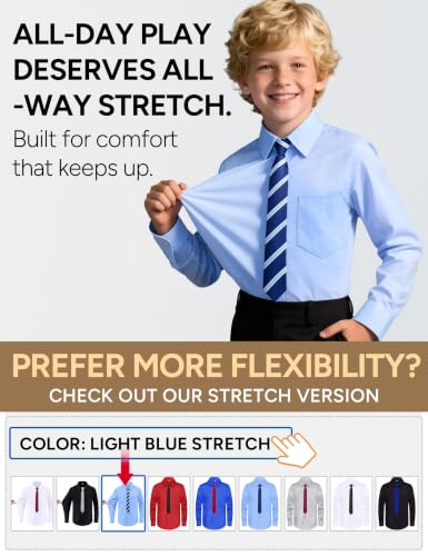Image of Boys Long Sleeve Button-Down Dress Shirts with Tie: 2 Fabrics (Stretch /Standard) & 2 Fits (Regular /Husky)