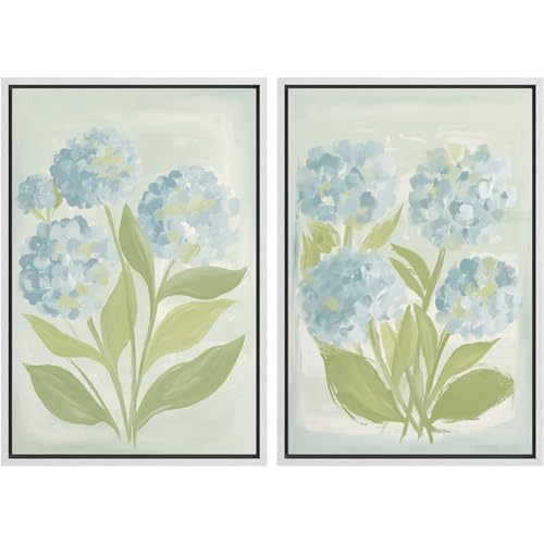 SIGNFORD Framed Canvas Print Wall Art Set Soft Hydrangea Pair Light Blue Florals with Green Leaves Illustration Modern Art Decorative Nordic Nature for Living Room, Bedroom, Office - 16"x24"x2 White