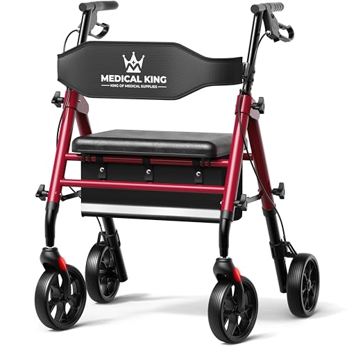 Image of Walkers for Seniors with Seat Foldable Rollator Walker with 8" Wheels, Adjustable Handle Height, Comfortable Seat, 350 lb Capacity, Lightweight Rolling Walker with Storage Pouch - Red