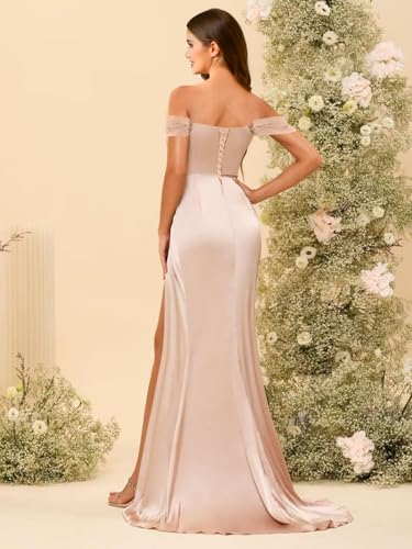 Rjer Women's Off Shoulder Mermaid Bridesmaid Dresses 2025 with Slit Long Ruched Satin Prom Dresses2