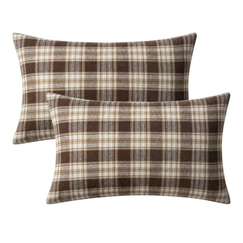 Image of MIULEE Fall Plaid Pillow Covers Scottish Tartan 12x20 Chocolate Brown | Set of 2 Fall Decorations Lumbar Cushion Covers, Farmhouse Winter Home Decor, for Thanksgiving Sofa Couch Bed Living Room