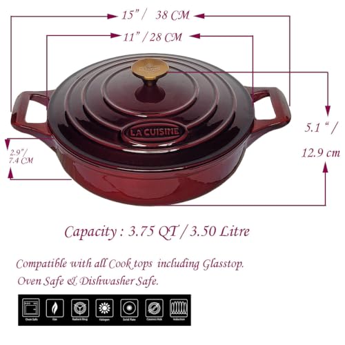 Miniatura 9 de La Cuisine Cazuelas Bajas De Hierro Fundido Esmaltado Sartén 28cm Dia. 3,5 L Revestimiento Interior De Esmalte Negro Mate, Arándano, Asa De Tapa De Acero Inoxidable Chapado En Oro