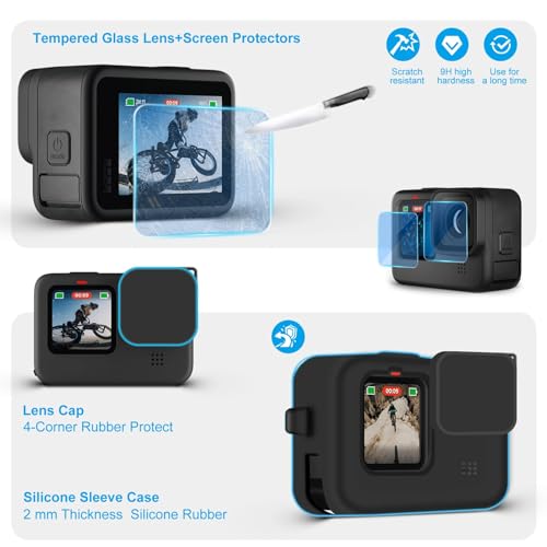 OctinPris Accessories Kit for Gopro Hero 12 11 10 9 Waterproof Housing Case Underwater Float Handle Silicone Sleeve Lens Cap Tempered Glass Screen Protectors Dive Filters Anti-Fog Inserts Bundle Set