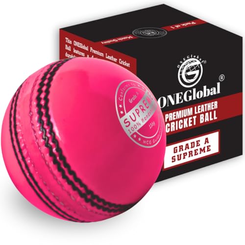 ONEGlobal Supreme Genuine Leather Cricket Ball | Leather Ball with Handstitched Seam | Match Quality Hard Balls for Club & League Matches (5.5oz Seniors 1-Pink)