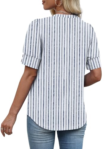 Image of OFEEFAN Womens Tops Short Sleeve Shirts Buttons V Neck Spring Fashion Summer Outfits Plus Size Blouses Dressy Casual