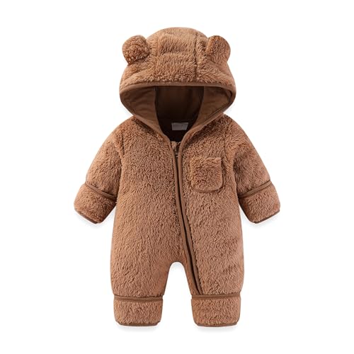 Newborn Baby Bear Outfit With Fold-Over Mittens and Footies Girls Boys Winter Fleece Clothes Hooded Romper Snowsuit