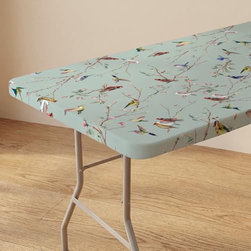 Horaldaily Spring Fitted Tablecloth Fit for 5ft Rectangular, Spring Colorful Birds Branch Green Washable Table Cover Elastic Edged for Dinning, Picnic, Camping, Banquet by Horaldaily - Used condition - US$6.88