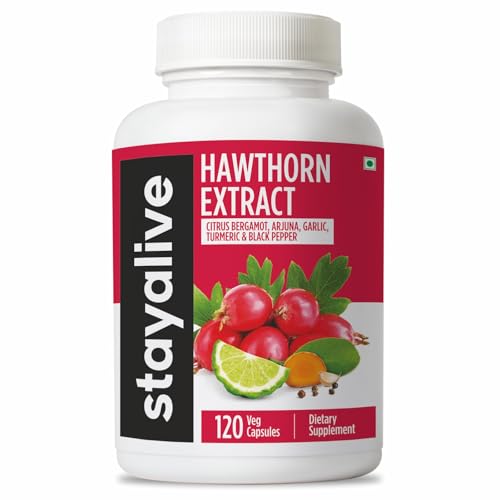 STAY ALIVE Extra Strength Hawthorn Berry Capsules, 20:1 Extract, 6-in-1 Antioxidant w/Citrus Bergamot, Turmeric Root Powder, Garlic, Arjuna & Black Pepper, 120 Vegan Pills, Hawthorne Berry Supplement
