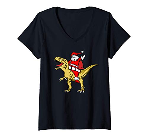 Mujer Santa Riding Dinosaur T Rex Shirt, Christmas Boys Xmas Gift Camiseta Cuello V