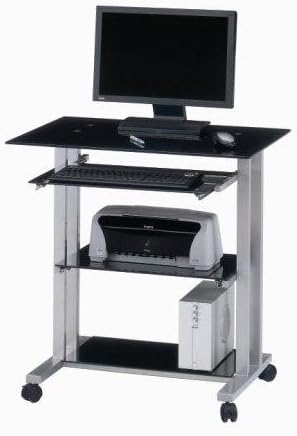 800mm Black Glass Mobile Desk Workstation with Keyboard/Printer Shelves