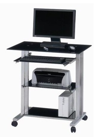 800mm Black Glass Mobile Desk Workstation with Keyboard/Printer Shelves