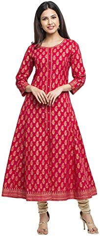 Yash Gallery Women's Cotton Relaxed Fit Anarkali Plus Size Gold Printed Kurta