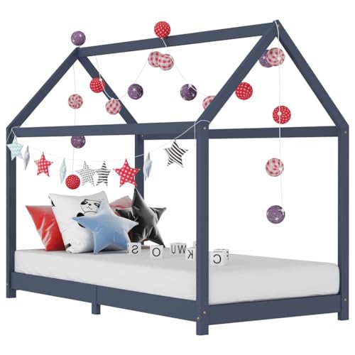 vidaXL Cadre de Lit d'enfant Lit Cabane d'enfant Structure de Lit pour Enfants Chambre d'enfant Maison Intérieur Gris 90x200 cm Bois de Pin Massif