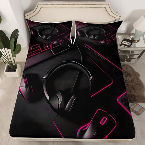 jejeloiu Kids Pink Headset Fitted Sheet Twin Size Headphone Bed Sheets Set 16